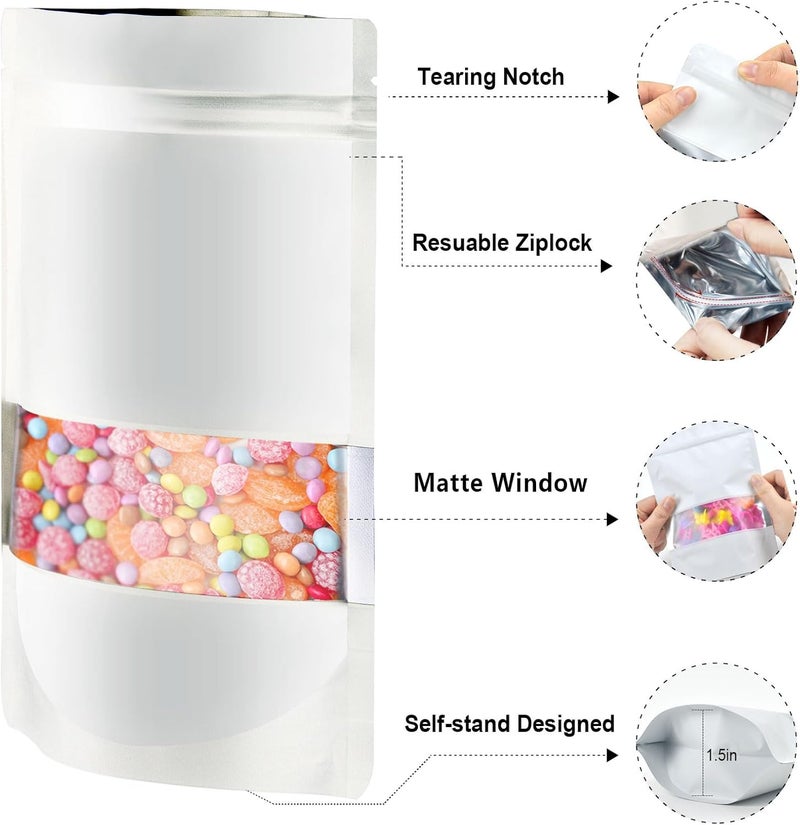 ODDIER 5.9"x8.6" 120pcs Mylar Bags for Food Storage,Smell Proof Bag with Matte Window Resealable Food Storage Bags for Small Business, Stand-up Foil Pouch Packaging Freeze Dried Candy Bag（White） - Image 3